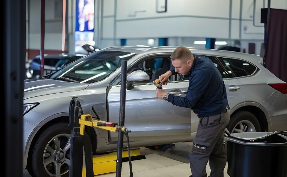 auto-body-technician-doing-paintless-dent-repair Collision Services at-Lorens-Body-Shop-Bluffton